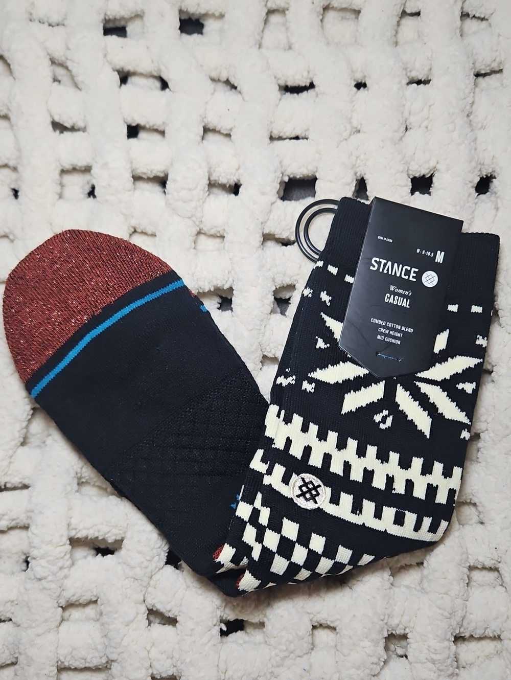 Stance Black Cream Snowflake Casual Crew Sock Shimmer Rust Toe New Medium